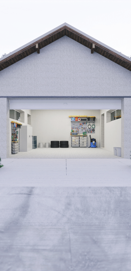 Illustration of a gabled garage with the door open showing organised shelving and stored tools