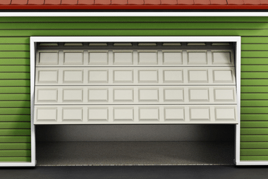 Cream raised-panel garage door partially open on a green-sided building