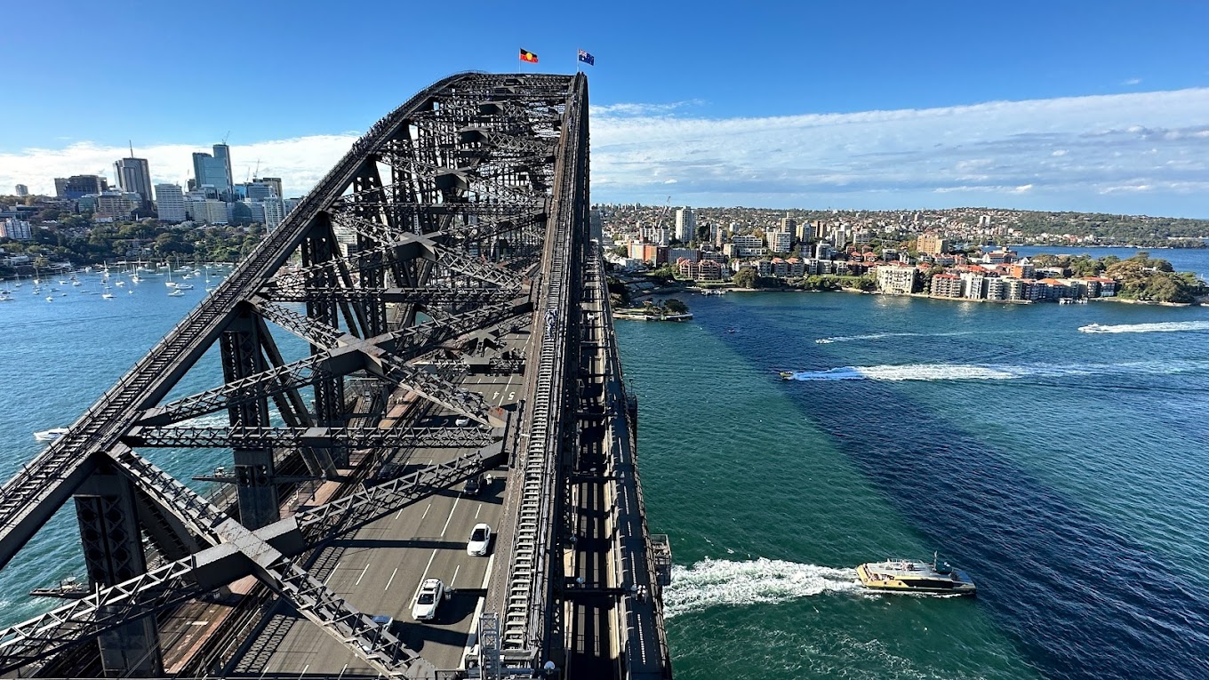 Aerial view from the top of the Sydney Harbour Bridge looking down the walkway toward the city skyline and harbour.
