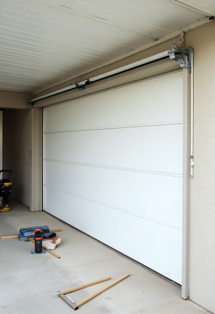 Garage door panel replacement in progress: white Colorbond section sliding into track, with tools and a level on a concrete driveway outside a suburban Northern Beaches house