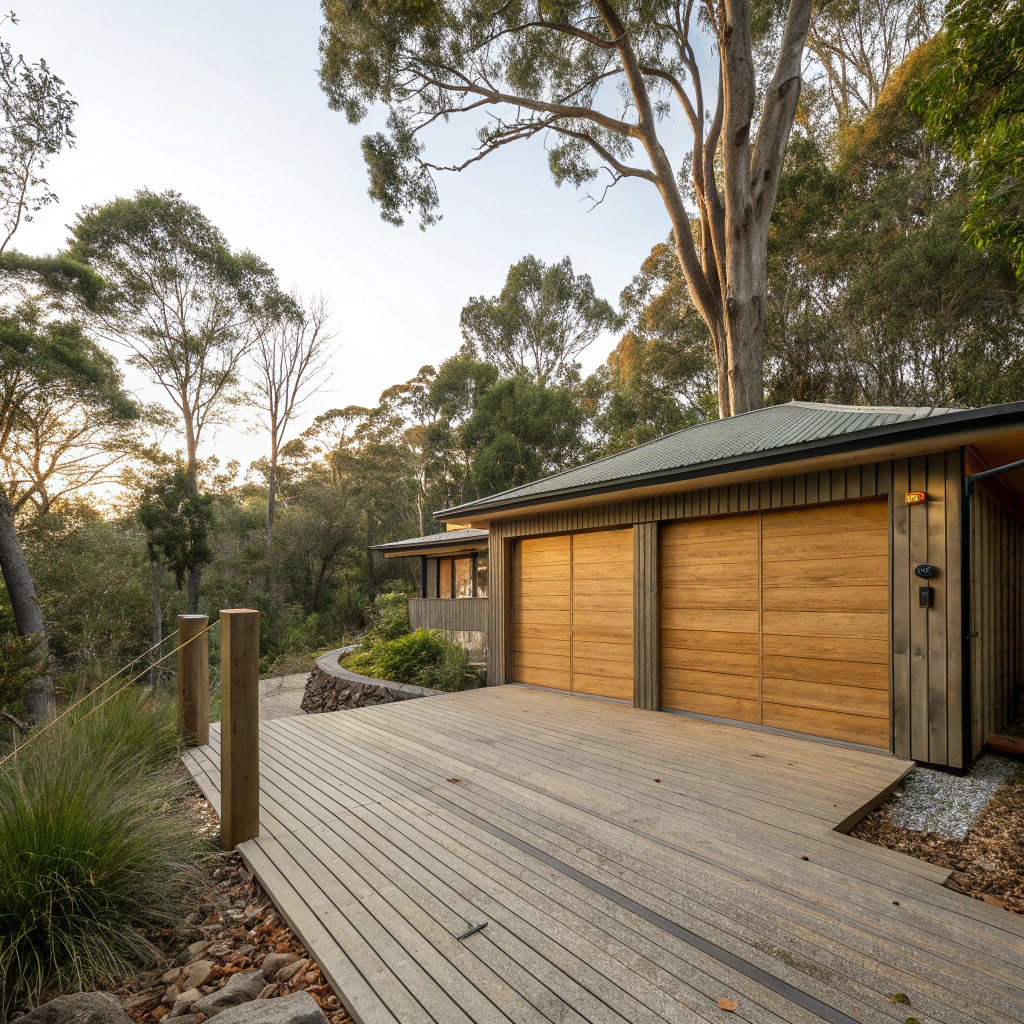 Timber-look garage door on a bush setting home in Clareville on the Pittwater Peninsula
