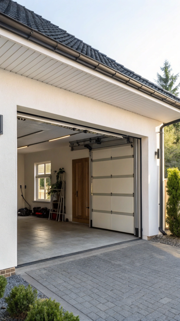 Open automatic garage door on a Northern Beaches home revealing a clean garage interior